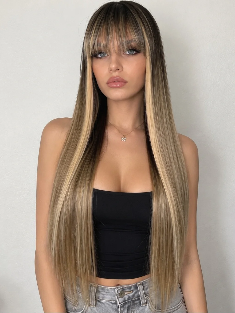 Long Straight Blonde Highlighted Wig with Blunt Fringe